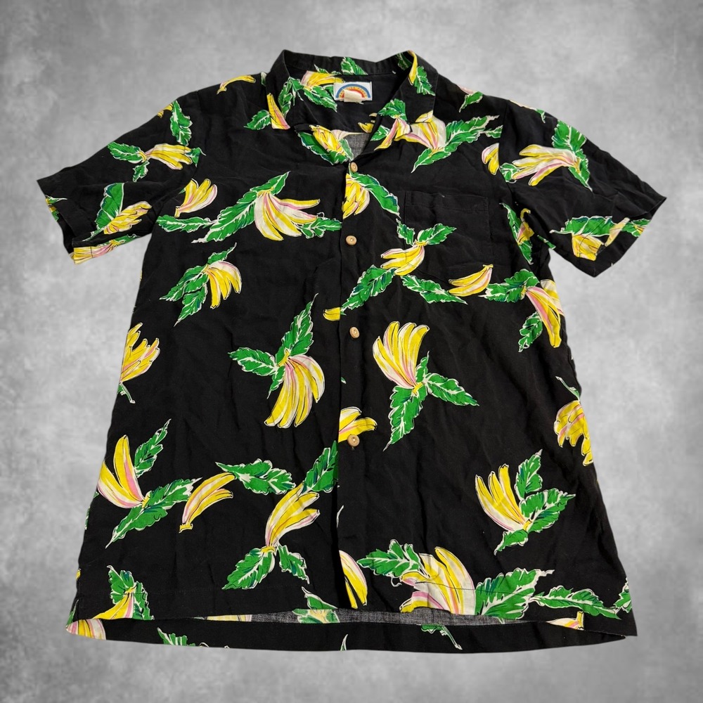 Paradise Found Hawaii Banana Print Aloha Shirt Mens Large Black Rayon Button Up